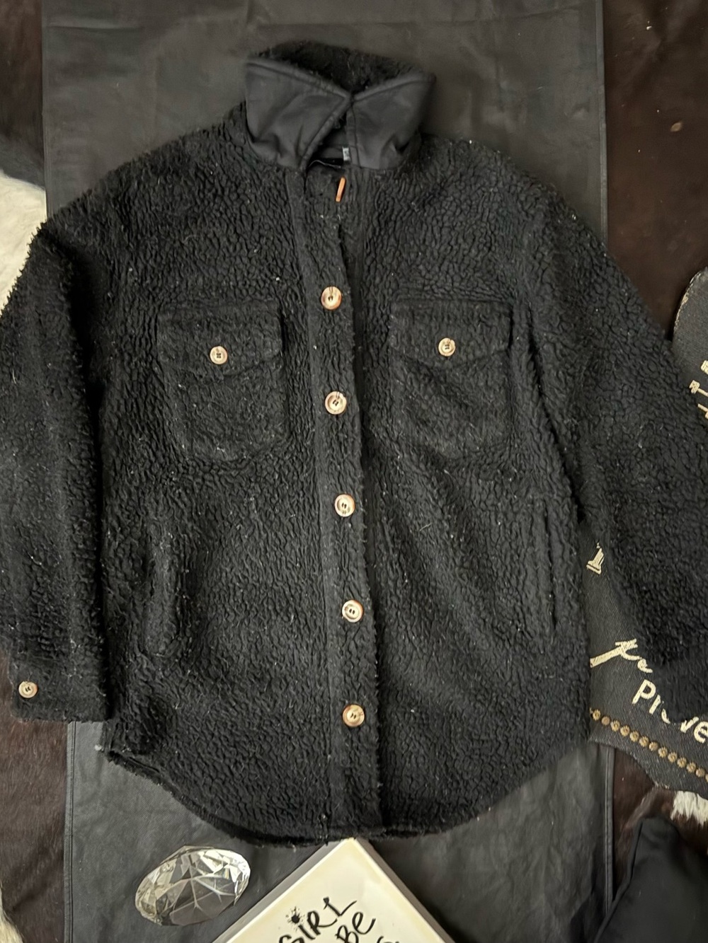 RD Style Black Sherpa Button-Front Shacket